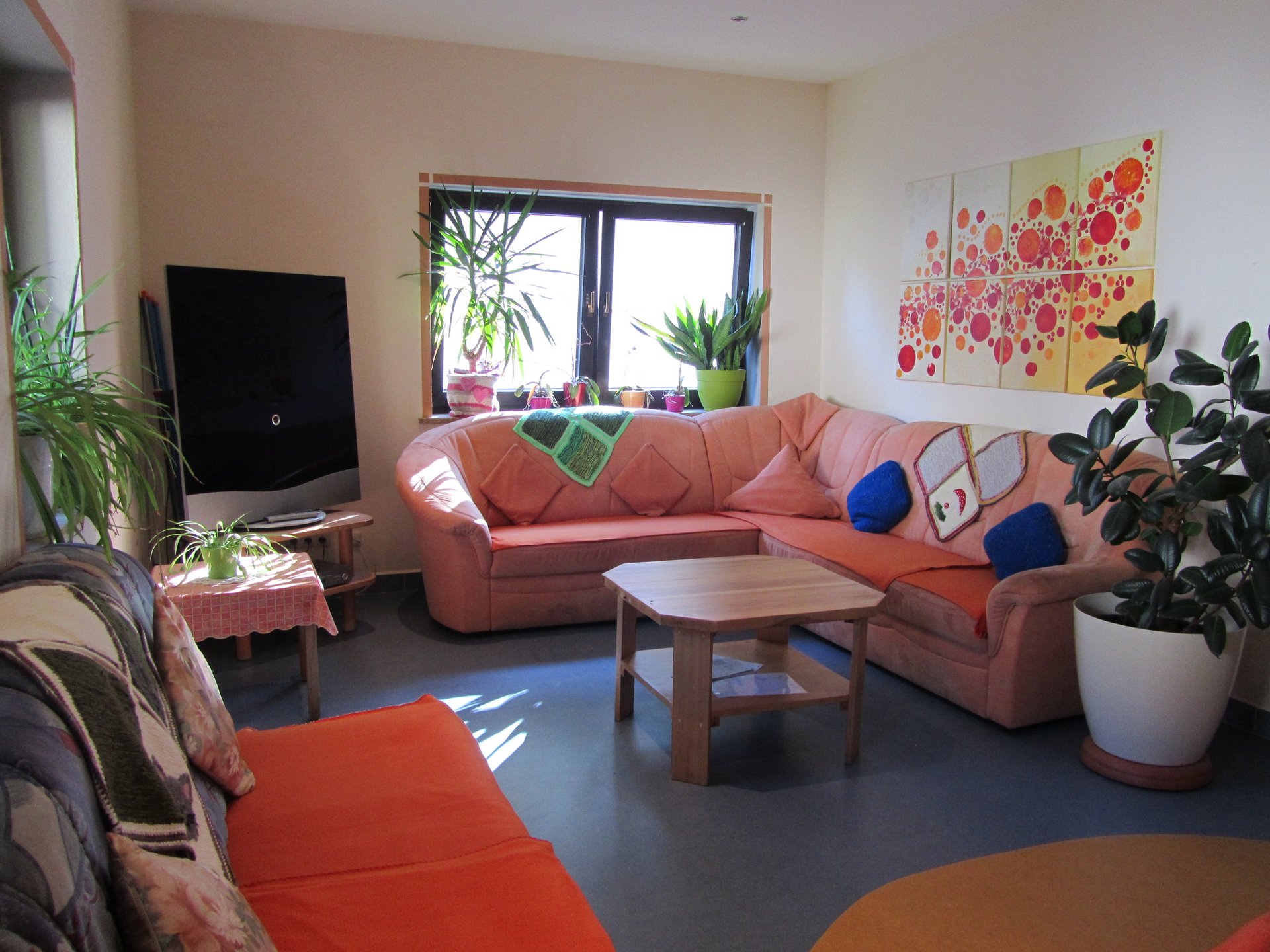 farbenfroher Aufenhaltsraum mit Sofa-Ecken, Couchtisch und Pflanzen
